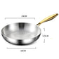 Stainless steel frying pan with gold handle and dimensions labeled on a white background