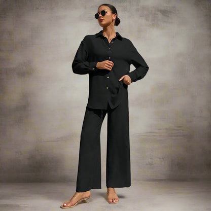 Women's 2-Piece Outfit – Lapel Shirt and Wide-Leg Trousers in a Modern Relaxed Fit