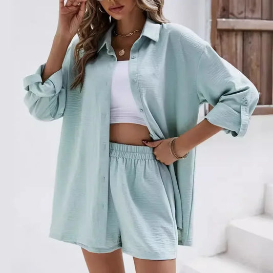 Spring Shirt and Shorts Set – Solid Colour Lapel Top with High-Waist Elastic Shorts