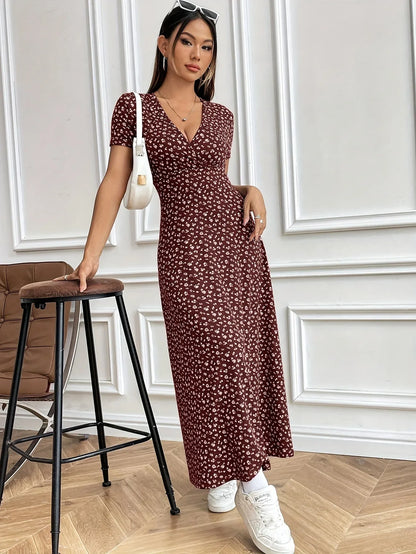 Women’s Autumn V-Neck Slim-Fit Floral Dress – Short Sleeve A-Line Commuter Style