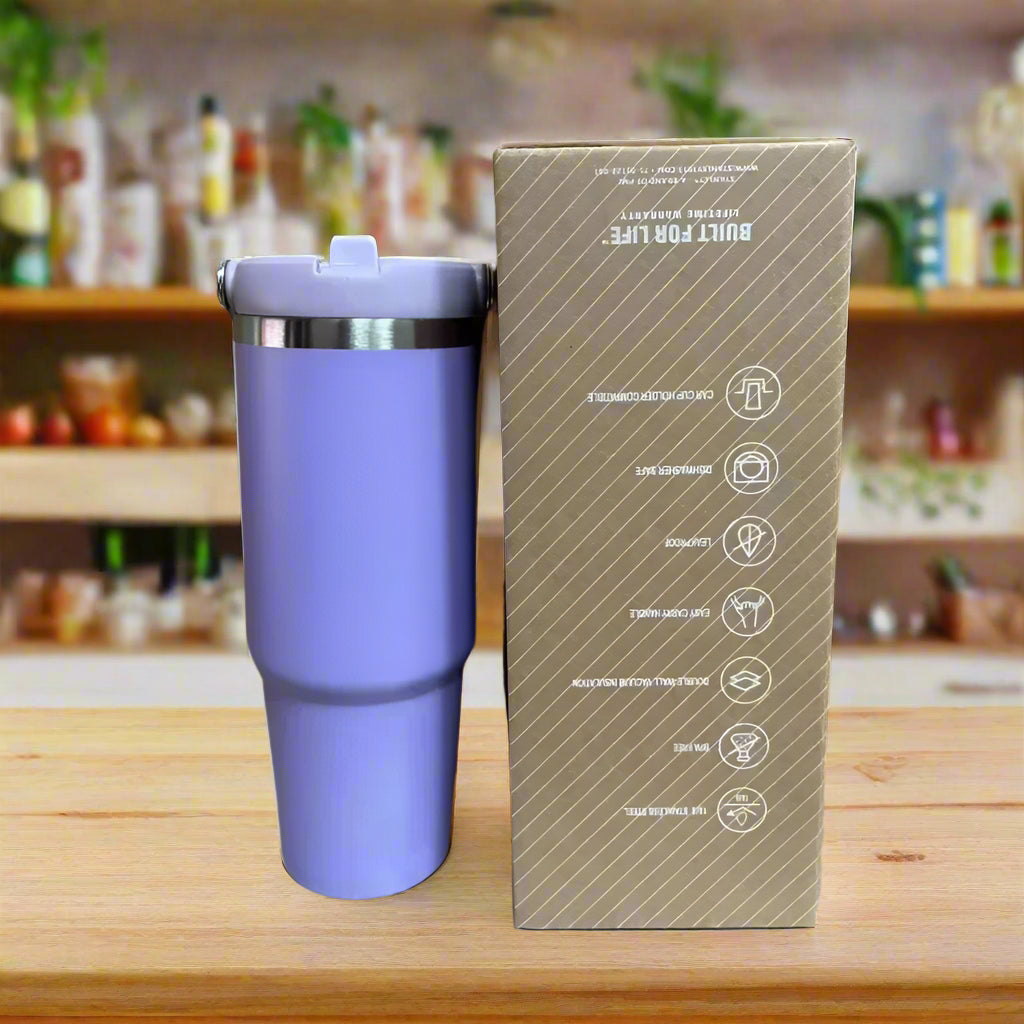 30oz Stainless Steel Vacuum Flask with Straw – Keeps Drinks Hot or Cold for Hours