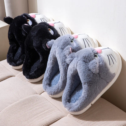 Women's Cat Plush Winter Slippers Indoor Furry House Shoes with Embroidered Face
