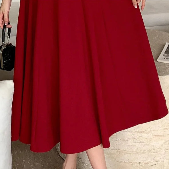 Women's A-Line Midi Dress – Vintage Square Collar, Sleeveless Party Dress