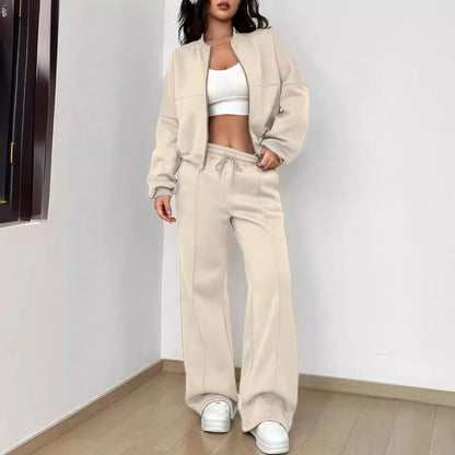 Women’s Casual Matching Tracksuit Set – Zipper Cardigan & Wide-Leg Drawstring Pants