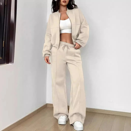 Women’s Casual Matching Tracksuit Set – Zipper Cardigan & Wide-Leg Drawstring Pants