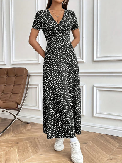 Women’s Autumn V-Neck Slim-Fit Floral Dress – Short Sleeve A-Line Commuter Style