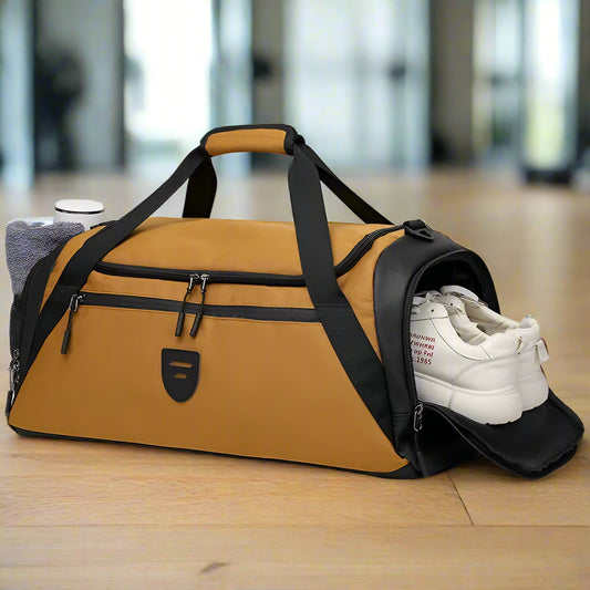 Brown duffel bag with black straps and a white sneaker inside on a white background