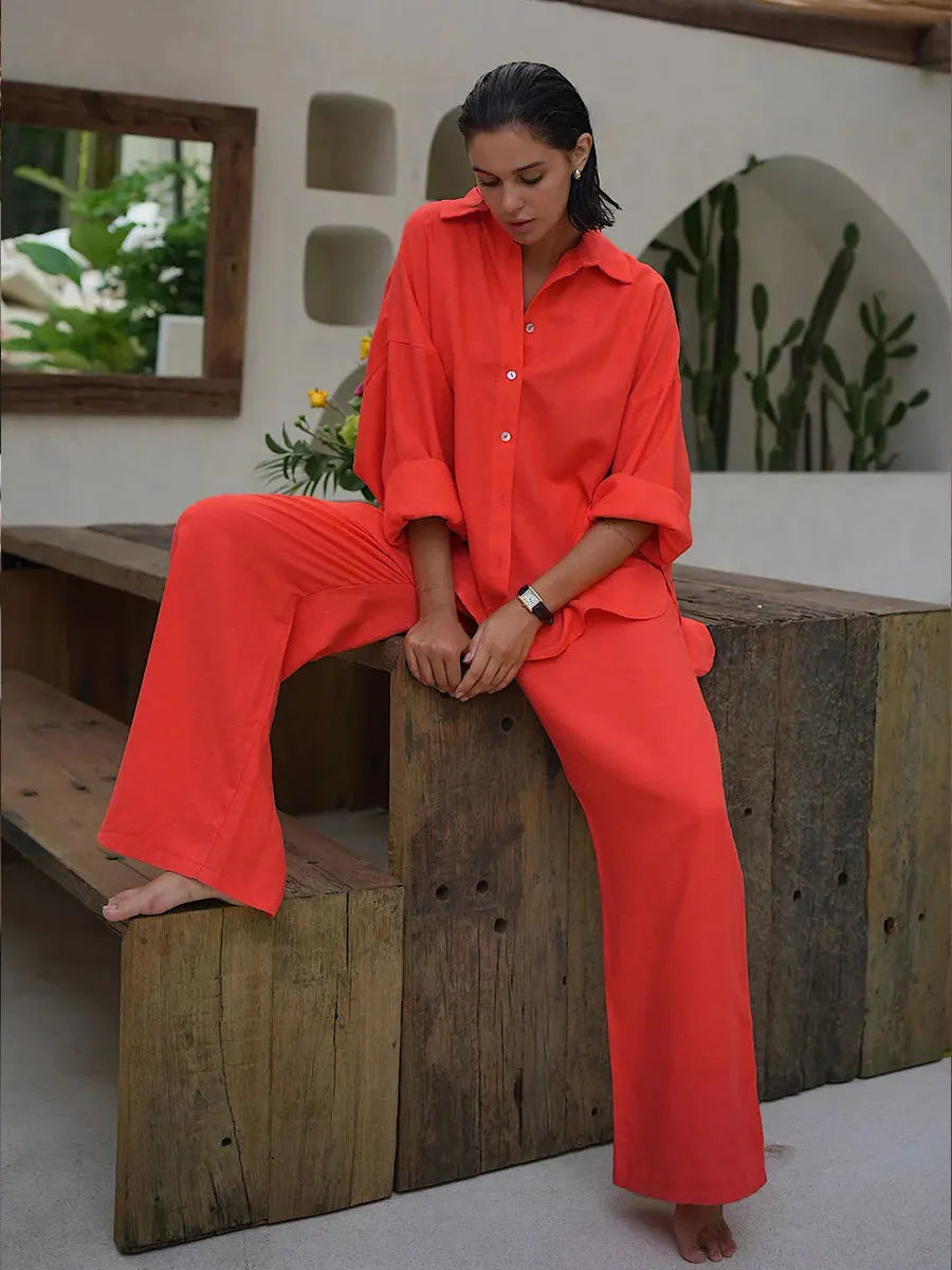 Women’s Cotton Shirt & Wide-Leg Pants Set – Casual Office Style for Spring/Summer