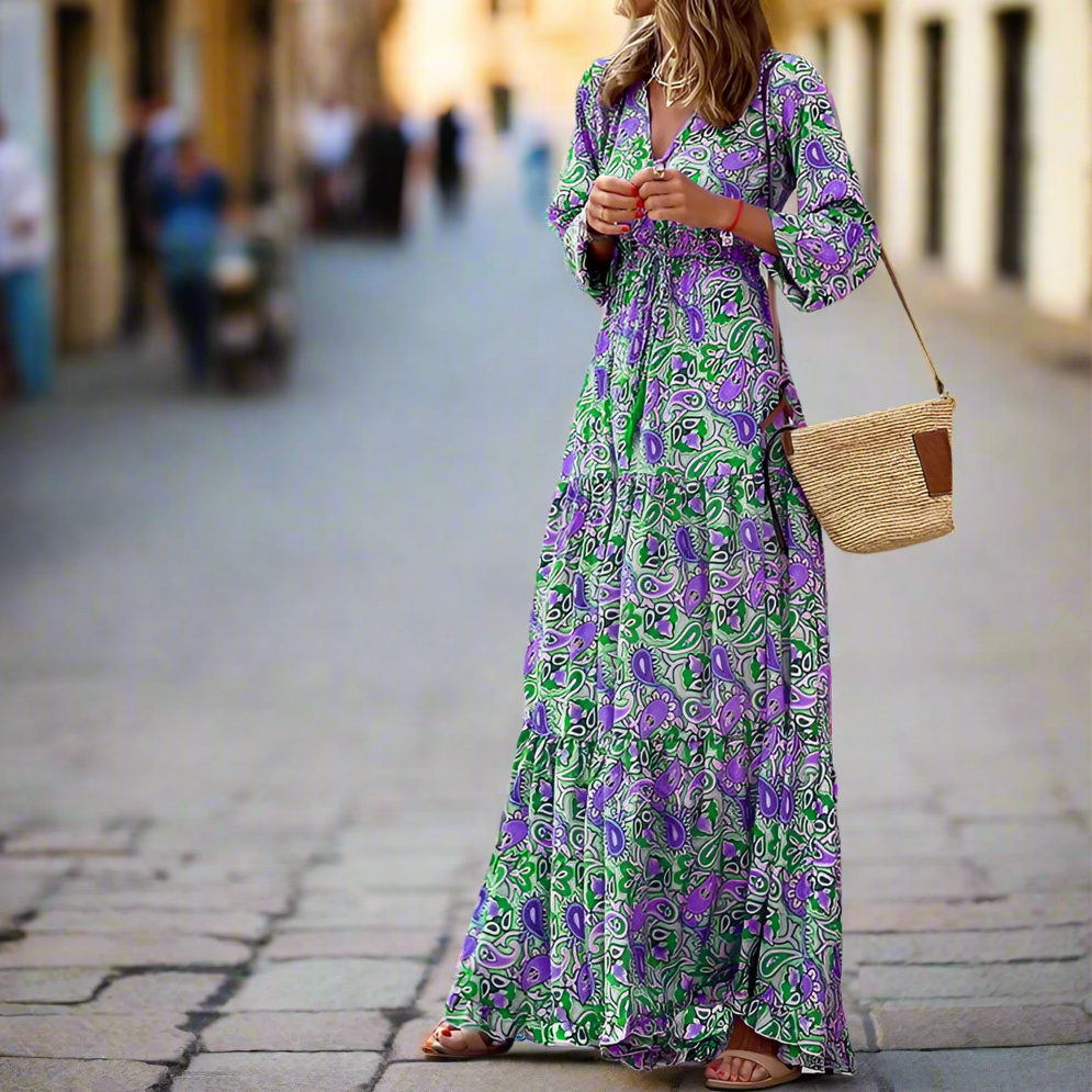 Women's Autumn Bohemian Printed Dress – V-Neck, Long Sleeve, High Waist Casual Style
