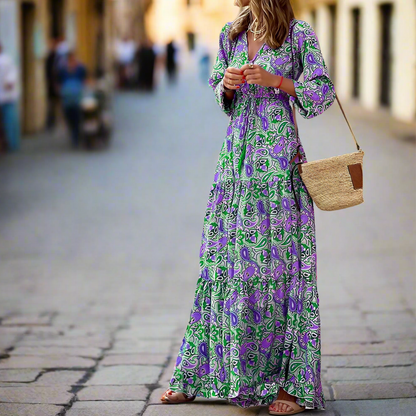 Women's Autumn Bohemian Printed Dress – V-Neck, Long Sleeve, High Waist Casual Style