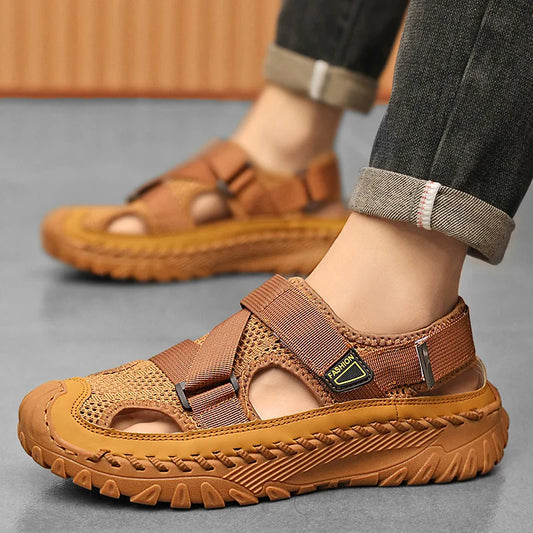 Men’s Outdoor Leather Sandals – Breathable Mesh Roman Style Shoes