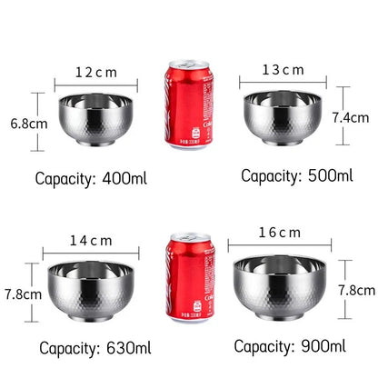 Set of four stainless steel bowls with dimensions and capacities shown next to Coca-Cola cans.