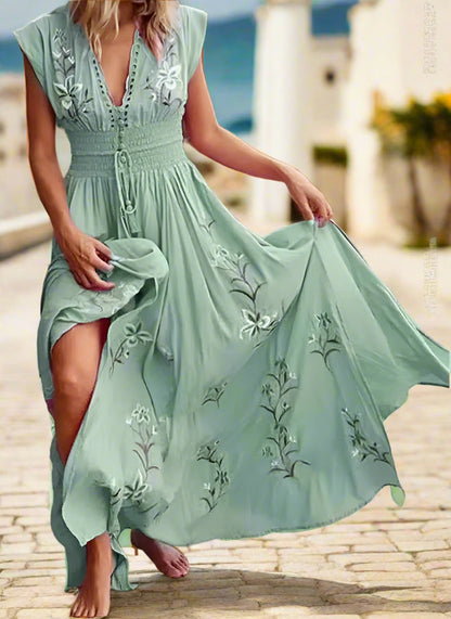 Women's Bohemian Print Summer Maxi Dress – V-Neck, Sleeveless, Beach Style