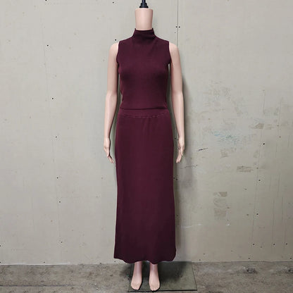 Elegant Knitted Two-Piece Set – Sleeveless Turtleneck Vest & High Waist Skirt
