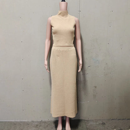 Elegant Knitted Two-Piece Set – Sleeveless Turtleneck Vest & High Waist Skirt