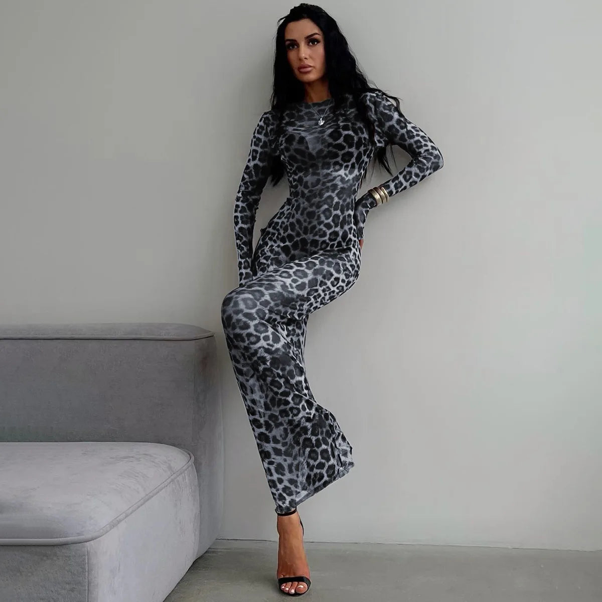 Women's Leopard Print Mesh Long Sleeve Maxi Dress – Slim See-Through Dress