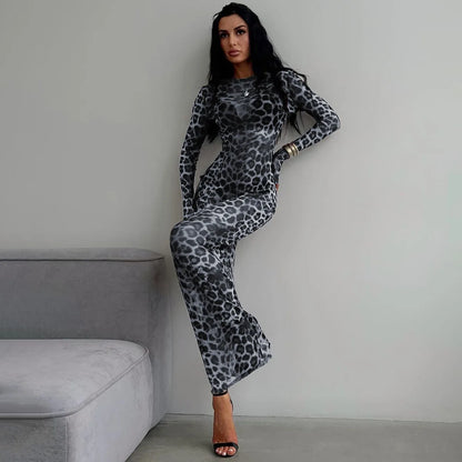 Women's Leopard Print Mesh Long Sleeve Maxi Dress – Slim See-Through Dress