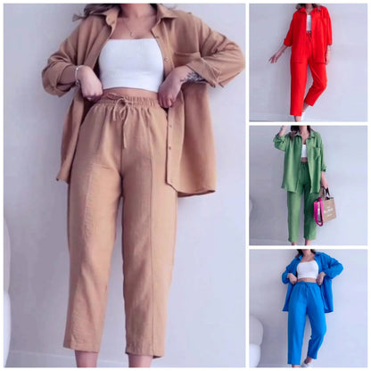 Summer Wrinkled Shirt & Wide-Leg Pants Set – High Waist Casual 2PCS Outfit