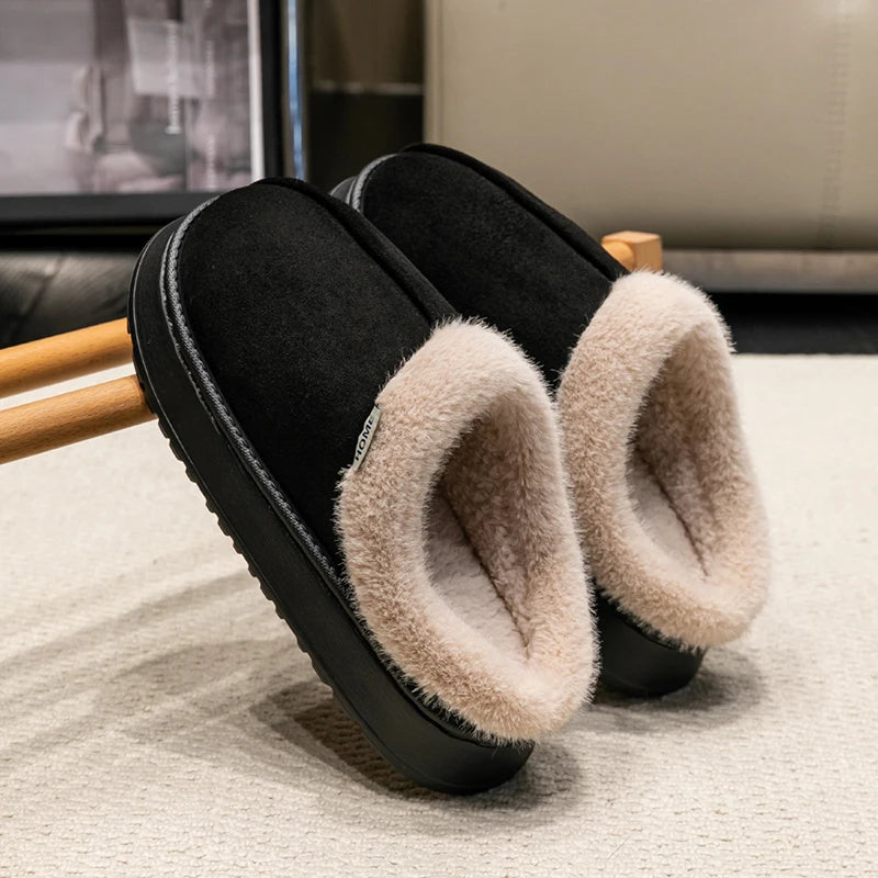 Winter Indoor Slippers Thick Sole Faux Suede Anti-Slip House Shoes Plush Lining