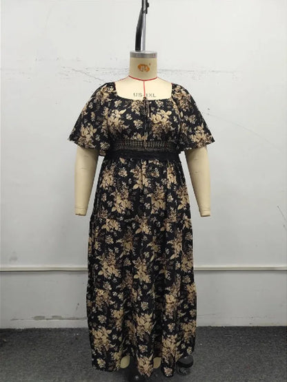 Plus Size Boho Floral Maxi Dress – Elegant Square Neck | Knot Front