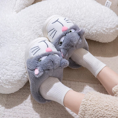 Women's Cat Plush Winter Slippers Indoor Furry House Shoes with Embroidered Face