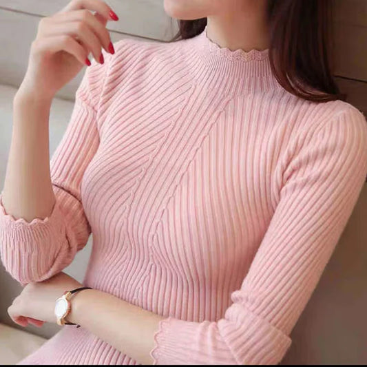 Women's Autumn Mock Neck Knitted Sweater - Slim Fit, High Stretch Pullover