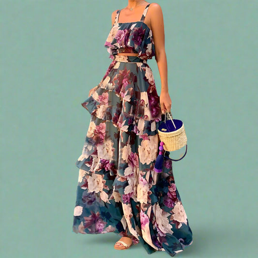 Women’s 2-Piece Set – Halter Top & Cake Skirt - Summer Beach Holiday Style