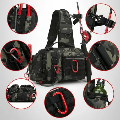 Fishing Tackle Sling Backpack – Fishing Gear Storage Bag with Rod Holder Storage