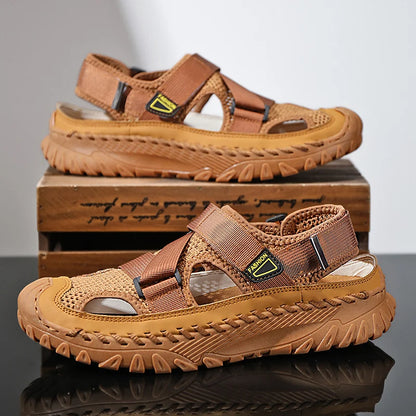 Men’s Outdoor Leather Sandals – Breathable Mesh, Rugged Grip, All-Day Comfort