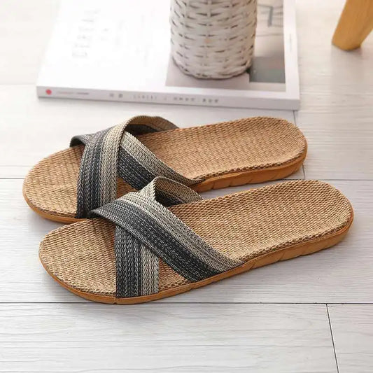Summer Men’s Flax Slippers – Retro Cross-Strap Linen Indoor & Beach Slides