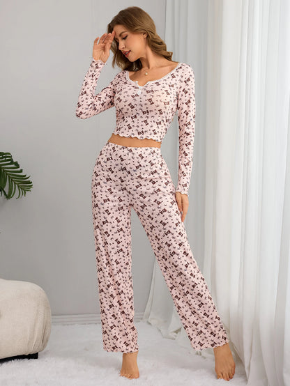Cute Bear Print Pyjama Set – Comfy V-Neck Loungewear for Snuggly Nights