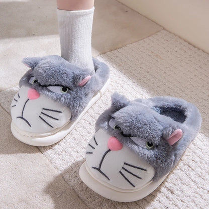 Women's Cat Plush Winter Slippers Indoor Furry House Shoes with Embroidered Face