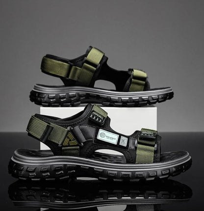 Men’s Outdoor Leather Sandals – Breathable Hiking Shoes with Elastic Strap