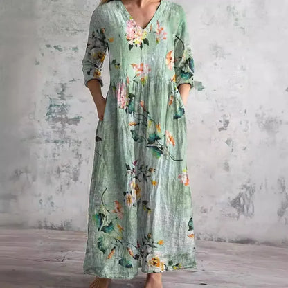 Women’s Casual Floral Print Midi Dress – Elegant Mid-Length V-Neck One-Piece