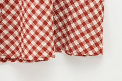 Women’s Summer Plaid Two-Piece Set – Strapless Button Crop Top & A-Line Skirt