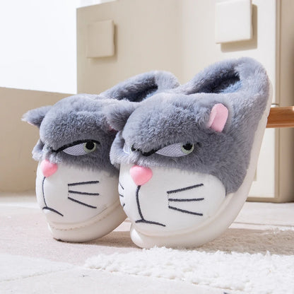 Women's Cat Plush Winter Slippers Indoor Furry House Shoes with Embroidered Face