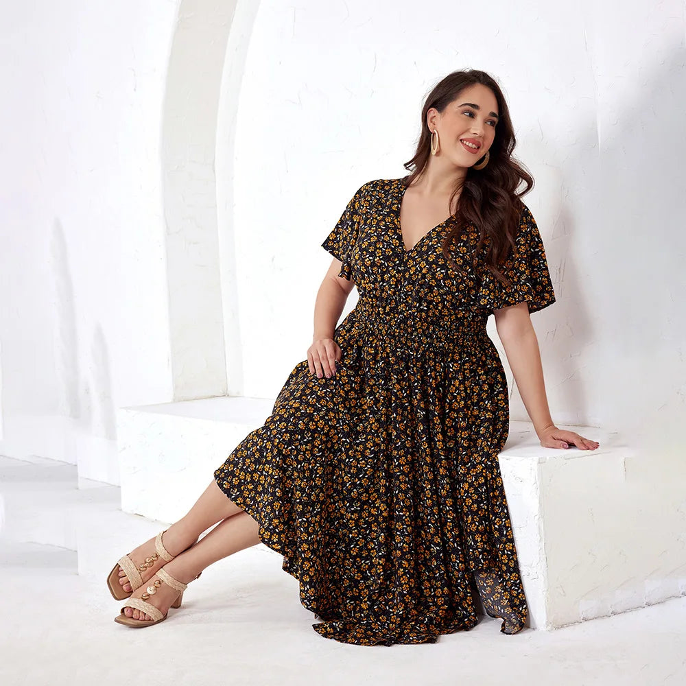 Plus Size Boho Floral Maxi Dress with Pockets