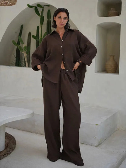 Women’s Cotton Shirt & Wide-Leg Pants Set – Casual Office Style for Spring/Summer