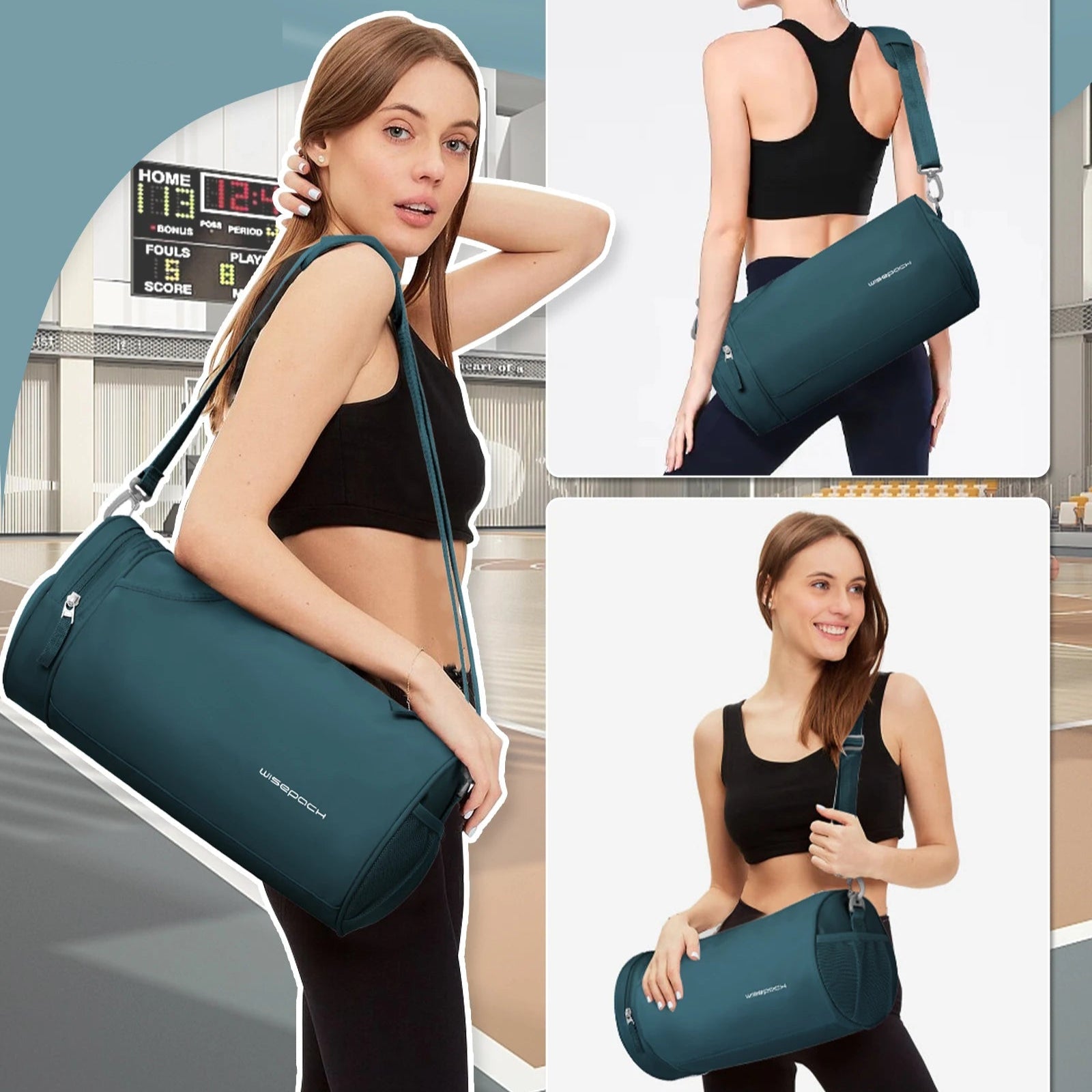 Woman carrying a green duffel bag in various poses with text 'Multiple Ways to Carry'.