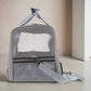 Gray pet carrier with a transparent front panel on a white background