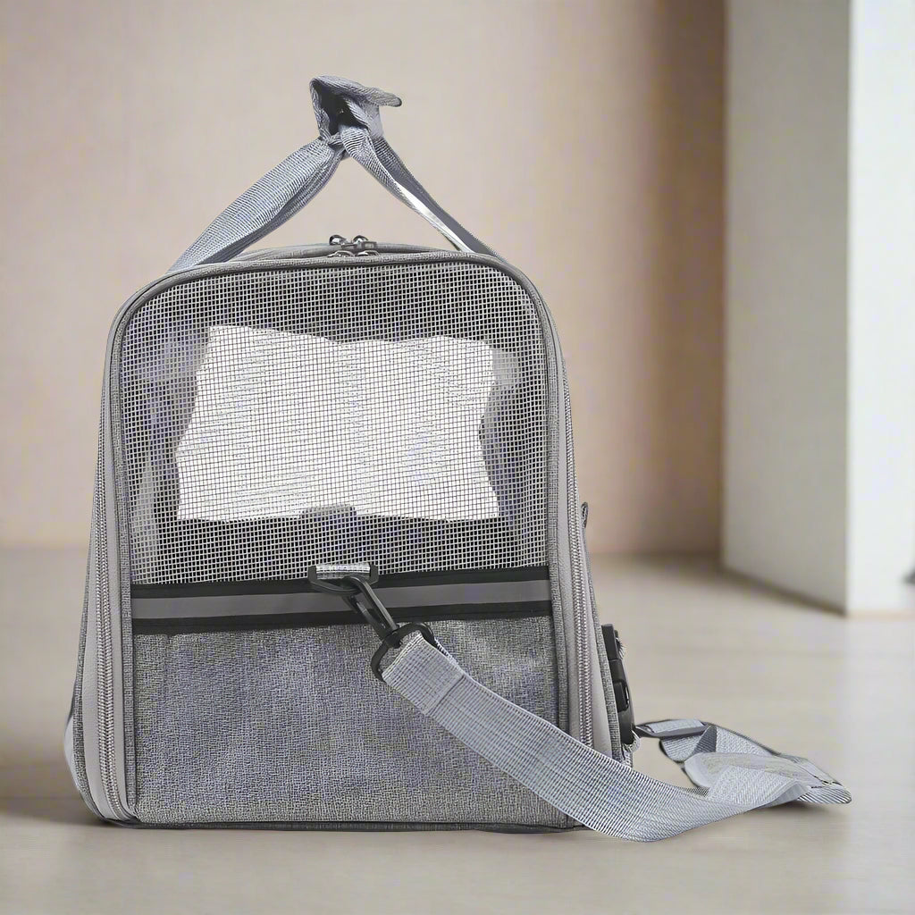 Gray pet carrier with a transparent front panel on a white background