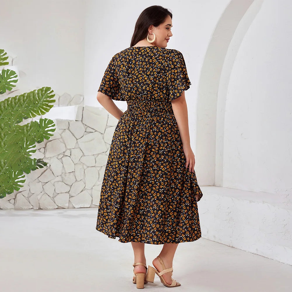 Plus Size Boho Floral Maxi Dress with Pockets