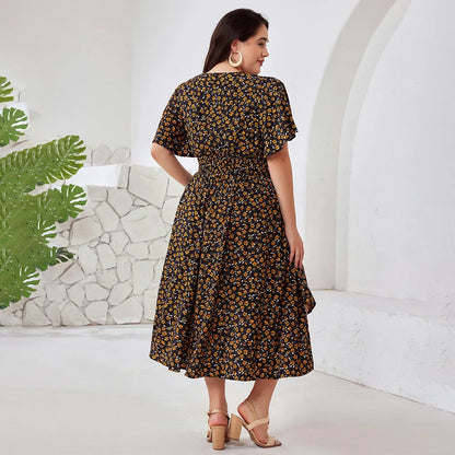 Plus Size Boho Floral Maxi Dress with Pockets
