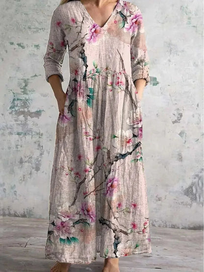 Women’s Casual Floral Print Midi Dress – Elegant Mid-Length V-Neck One-Piece