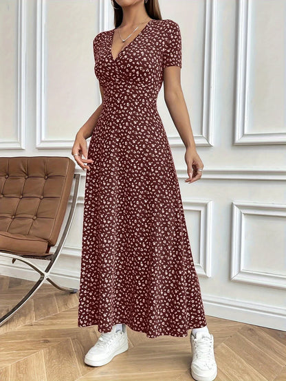 Women’s Autumn V-Neck Slim-Fit Floral Dress – Short Sleeve A-Line Commuter Style