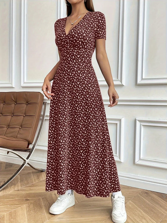 Women’s Autumn V-Neck Slim-Fit Floral Dress – Short Sleeve A-Line Commuter Style