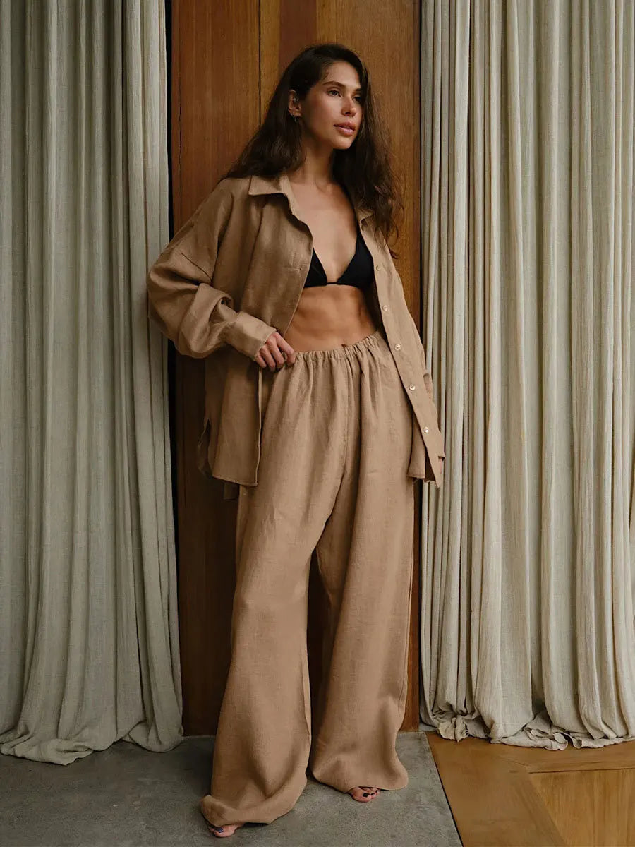 Women’s Cotton Shirt & Wide-Leg Pants Set – Casual Office Style for Spring/Summer