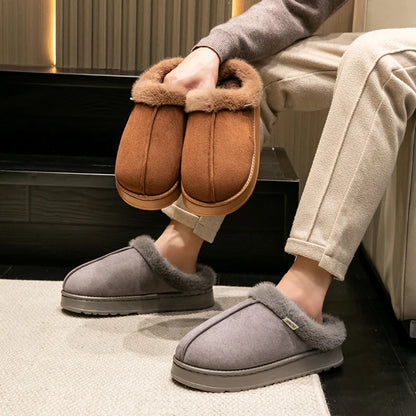 Winter Indoor Slippers Thick Sole Faux Suede Anti-Slip House Shoes Plush Lining
