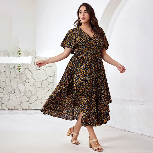 Plus Size Boho Floral Maxi Dress with Pockets