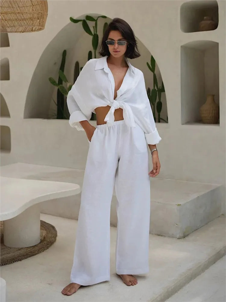Women’s Cotton Shirt & Wide-Leg Pants Set – Casual Office Style for Spring/Summer
